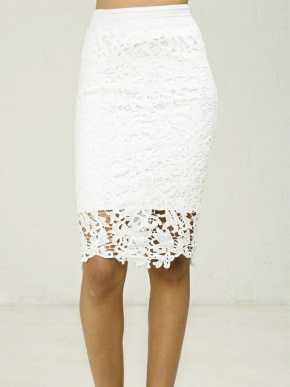 ANGL White Lace Lined Pencil Skirt New